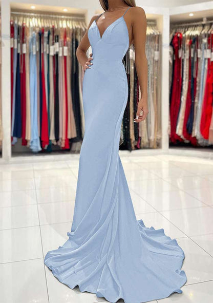 V Neck Sweep Train Sleeveless Satin Prom Dress