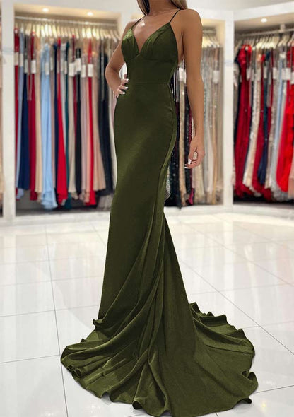 V Neck Sweep Train Sleeveless Satin Prom Dress