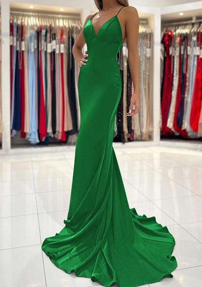 V Neck Sweep Train Sleeveless Satin Prom Dress