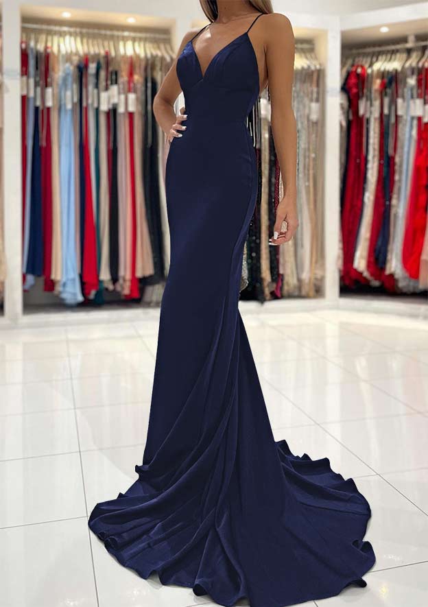 V Neck Sweep Train Sleeveless Satin Prom Dress