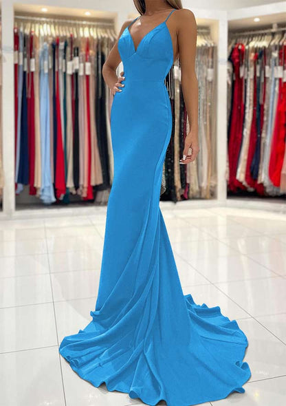 V Neck Sweep Train Sleeveless Satin Prom Dress