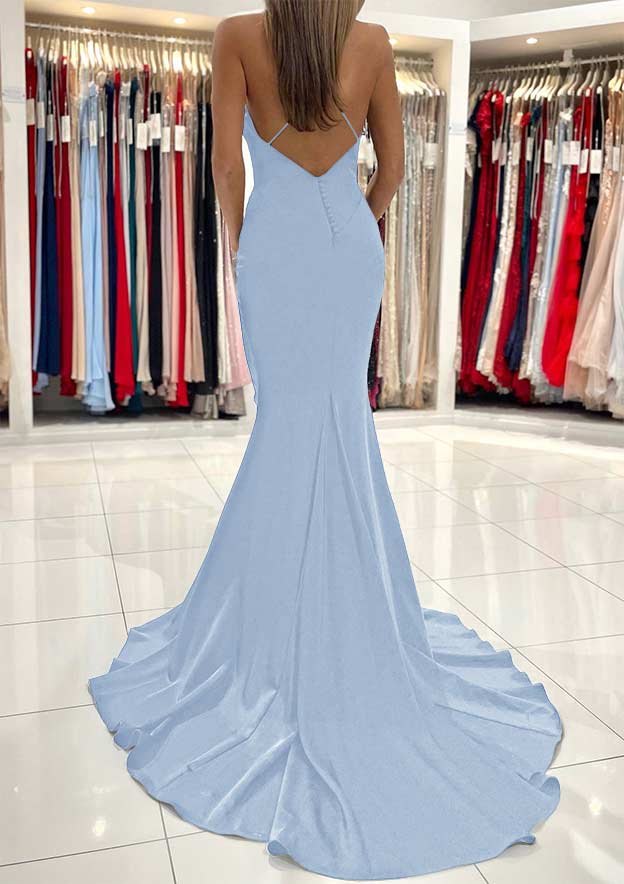 V Neck Sweep Train Sleeveless Satin Prom Dress