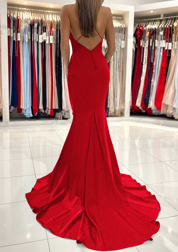 V Neck Sweep Train Sleeveless Satin Prom Dress