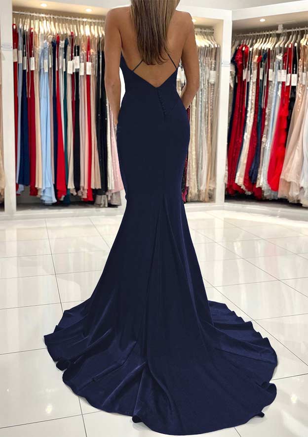 V Neck Sweep Train Sleeveless Satin Prom Dress