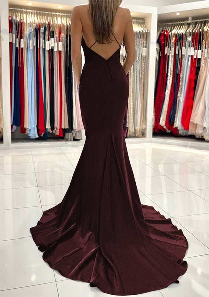 V Neck Sweep Train Sleeveless Satin Prom Dress