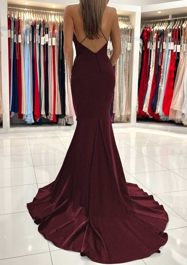 V Neck Sweep Train Sleeveless Satin Prom Dress