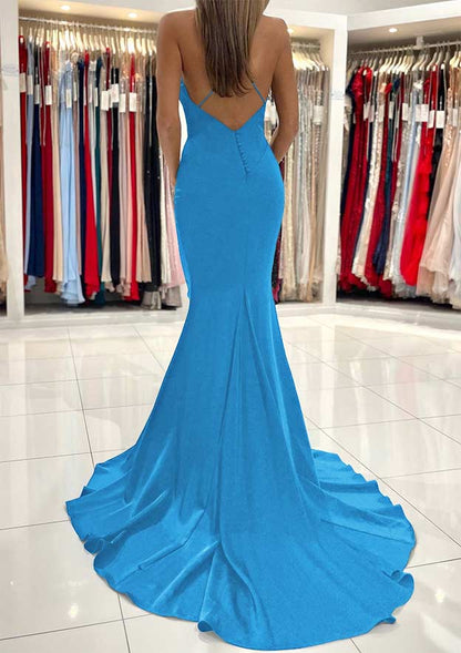 V Neck Sweep Train Sleeveless Satin Prom Dress