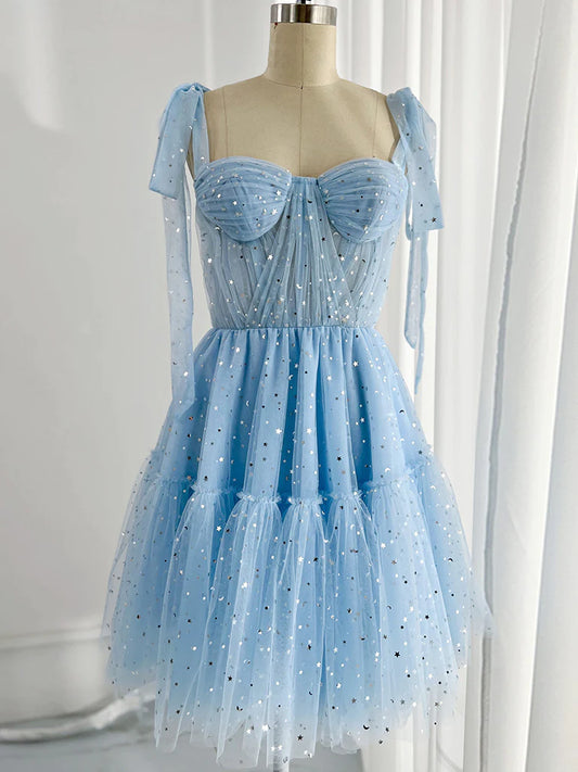 A-Line Sweetheart Neck Tulle Blue Short Homecoming Dresses