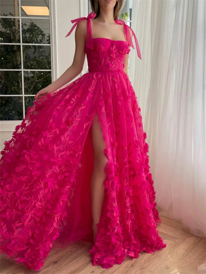 A-Line/Princess Spaghetti Straps Long Prom Floral Dresses