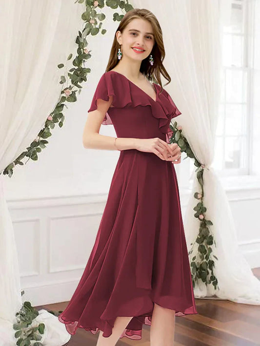 A-Line V Neck Knee Length Chiffon Bridesmaid Dress