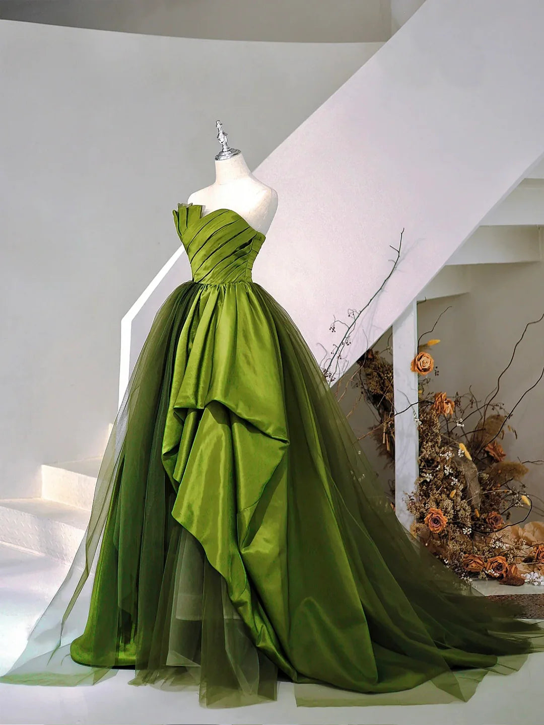 A-Line Strapless Green Satin Tulle Sweep Train Prom Dresses