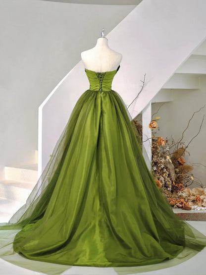 A-Line Strapless Green Satin Tulle Sweep Train Prom Dresses