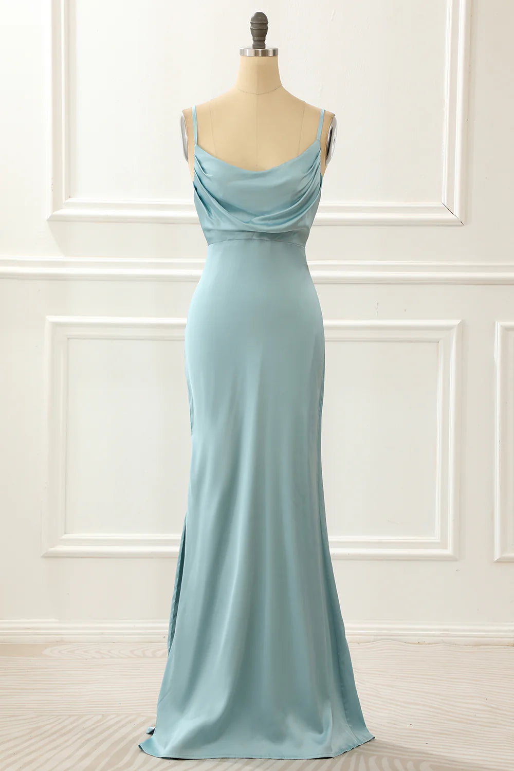 Blue Satin Spaghetti Straps Simple Prom Dress