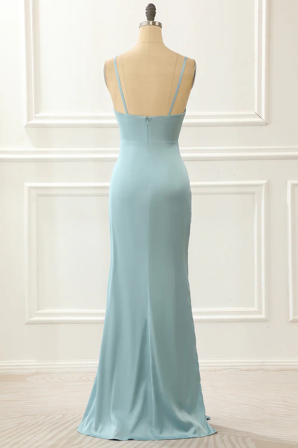 Blue Satin Spaghetti Straps Simple Prom Dress