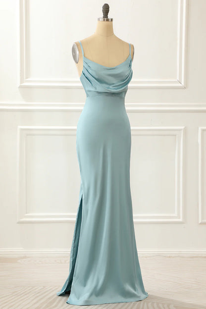 Blue Satin Spaghetti Straps Simple Prom Dress