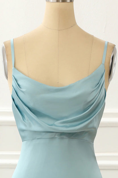 Blue Satin Spaghetti Straps Simple Prom Dress