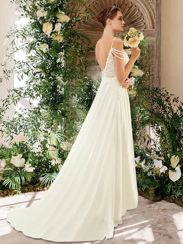 A-Line Wedding Dresses Sweetheart Neckline Spaghetti Strap Chiffon Lace Sleeveless Simple Sexy with Beading Appliques Split Front