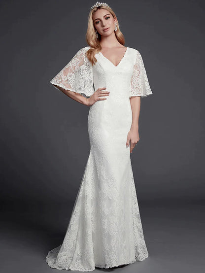 Wedding Dresses V Neck Lace Half Sleeve Beautiful Back with Lace