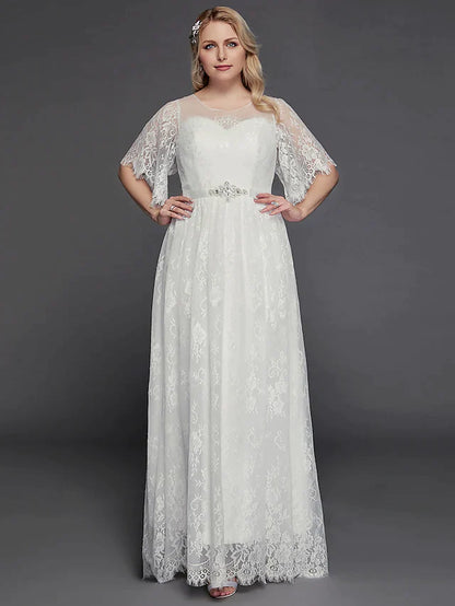 A-Line Wedding Dresses Illusion Neck Jewel Neck Floor Length Lace Tulle Half Sleeve Formal Boho Little White Dress See-Through with Beading Lace Insert