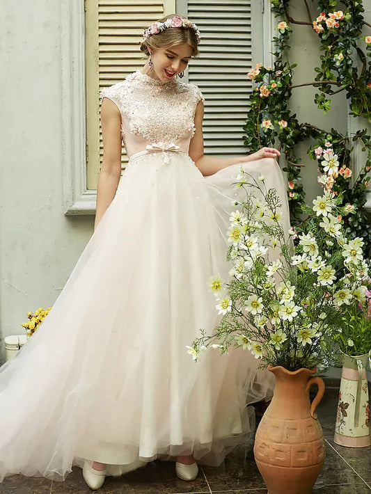 A-Line Wedding Dresses High Neck Sweep Brush Train Tulle Short Sleeve Open Back with Bowknot Sash Ribbon Beading