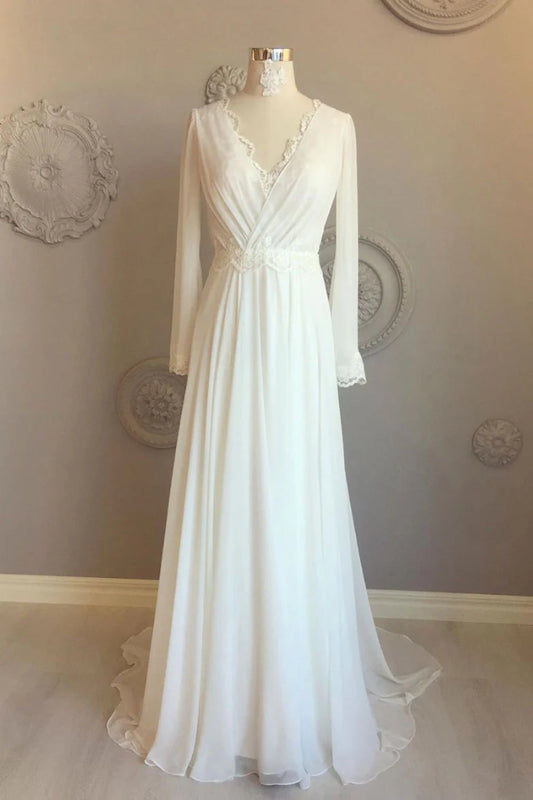 White chiffon v neck long prom Wedding Dresses