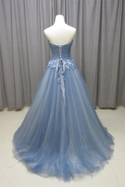 Gray blue sweetheart neck tulle long prom Wedding Dresses