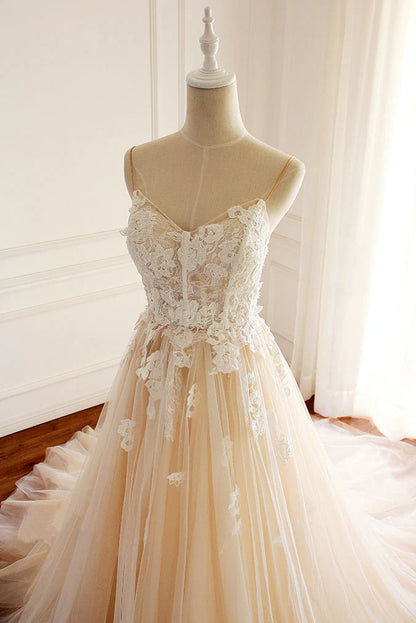 Champagne tulle lace applique long prom Wedding Dresses