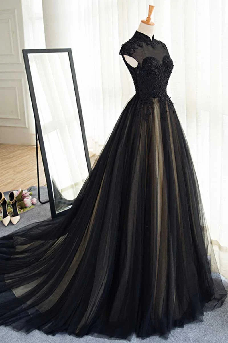 Black tulle lace long prom Wedding Dresses