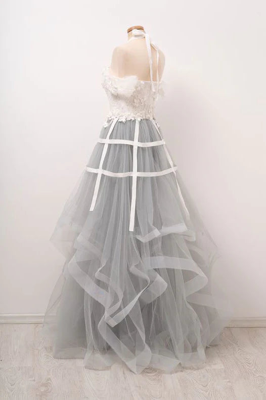 Unique gray tulle lace applique long prom Wedding Dresses