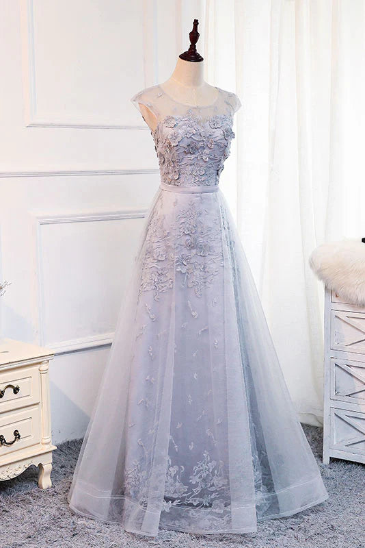 Gray round neck tulle lace applique long prom Wedding Dresses