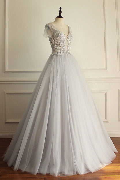 Gray v neck tulle lace applique long prom Wedding Dresses