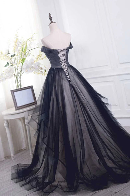 Black off shoulder tulle long prom Wedding Dresses