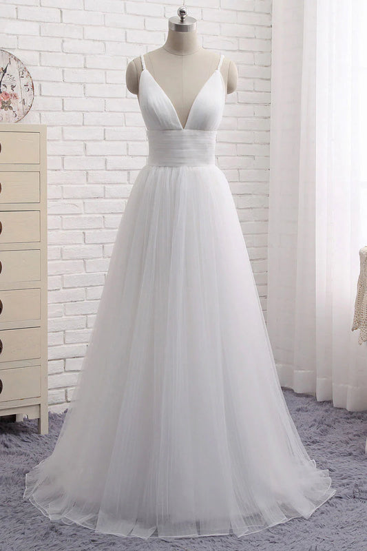 Simple white v neck tulle long prom Wedding Dresses