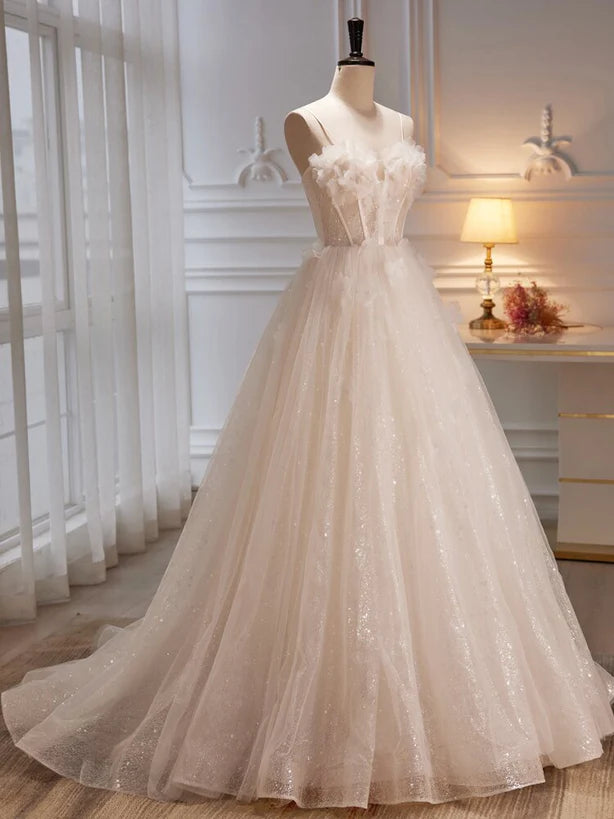 Ivory Tulle with Flowers Sweetheart A-line Long Prom Dress