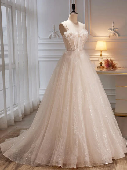 Ivory Tulle with Flowers Sweetheart A-line Long Prom Dress