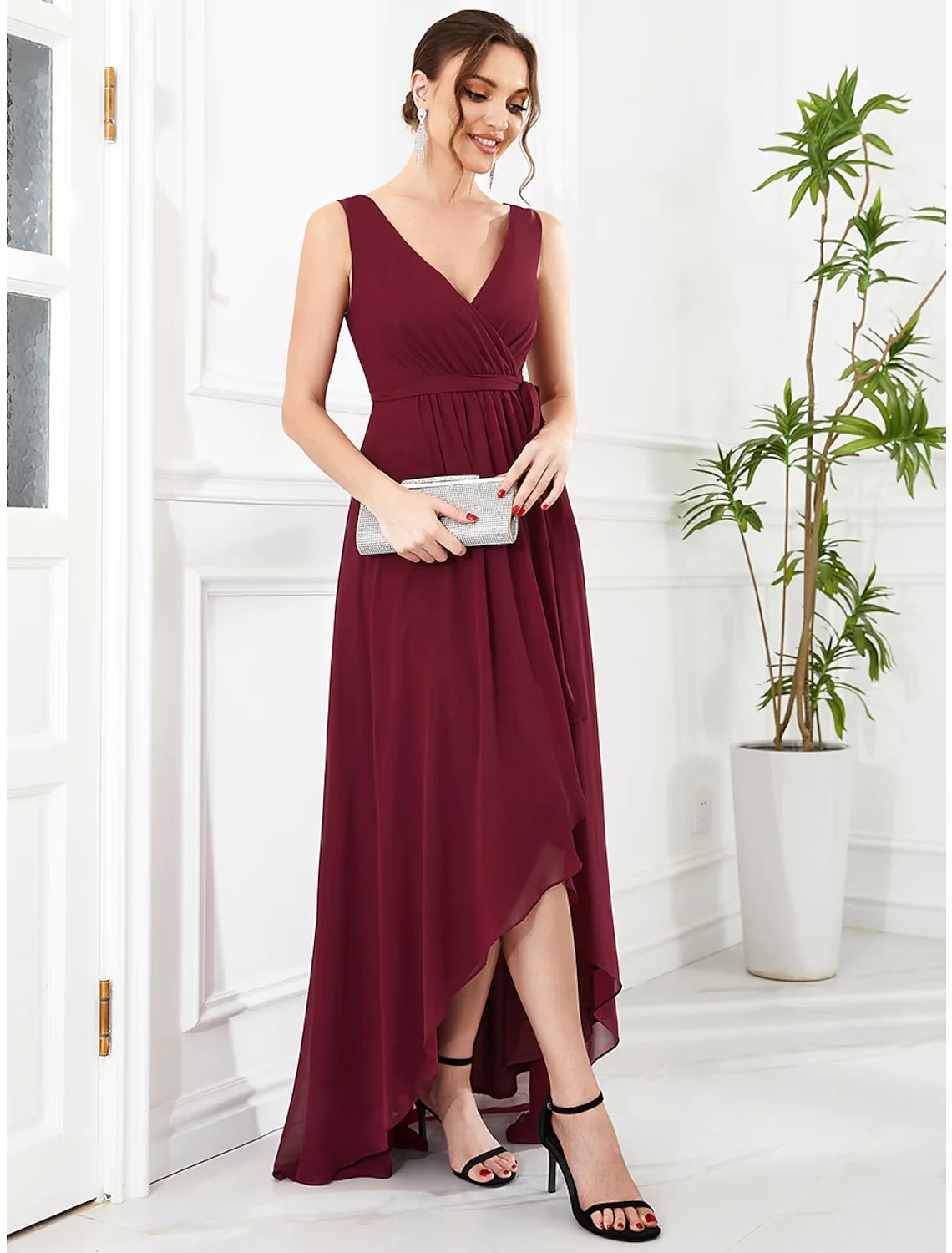 A-Line Wedding Guest Dresses Elegant Dress Party Wear Asymmetrical Sleeveless V Neck Chiffon with Ruffles Strappy