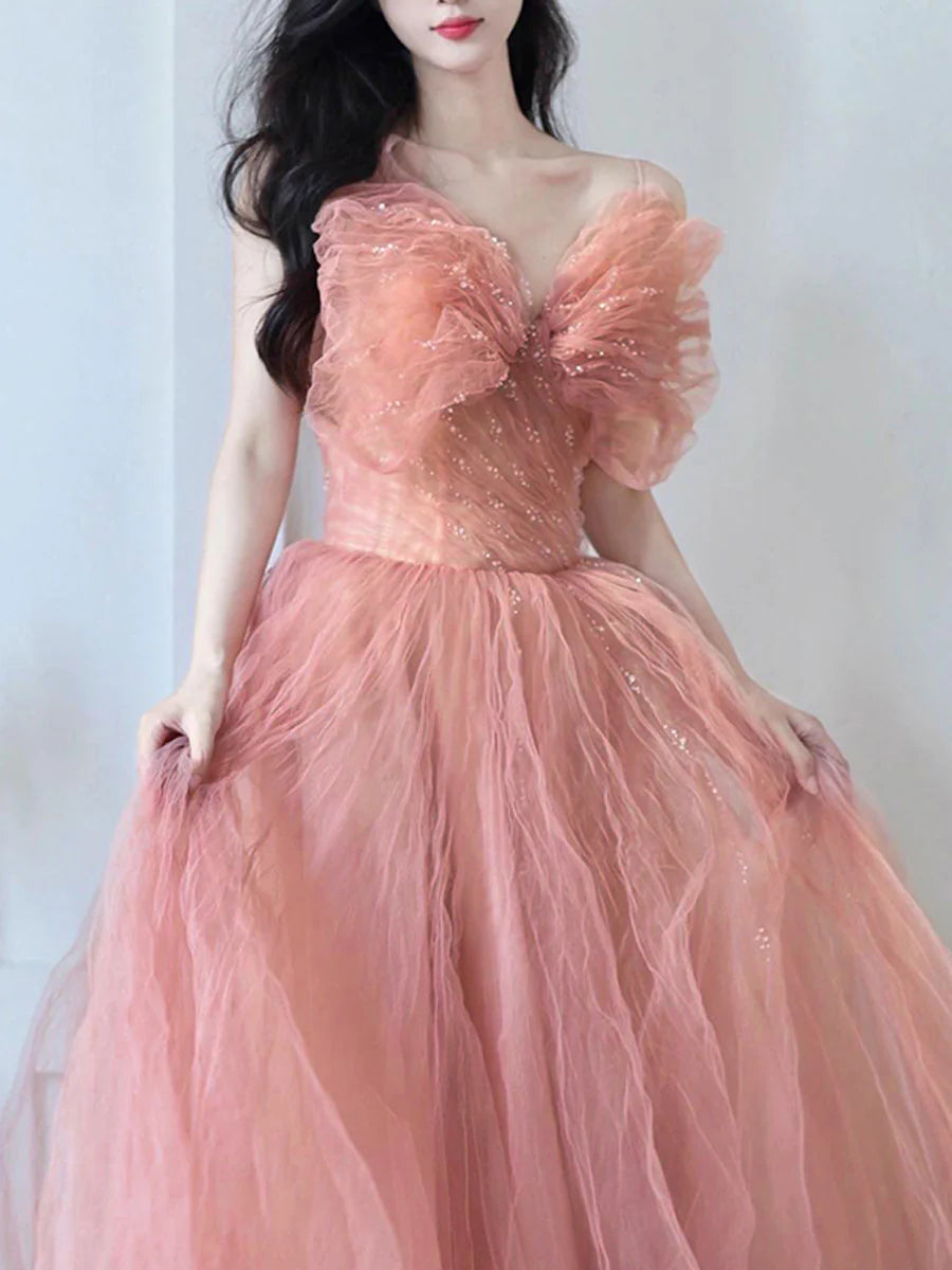 Pink tulle sequin long Evening Dresses