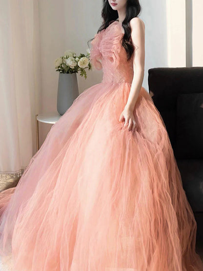 Pink tulle sequin long Evening Dresses