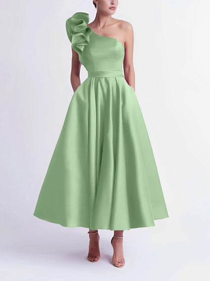 A-Line One-Shoulder Tea-Length Prom Dresses