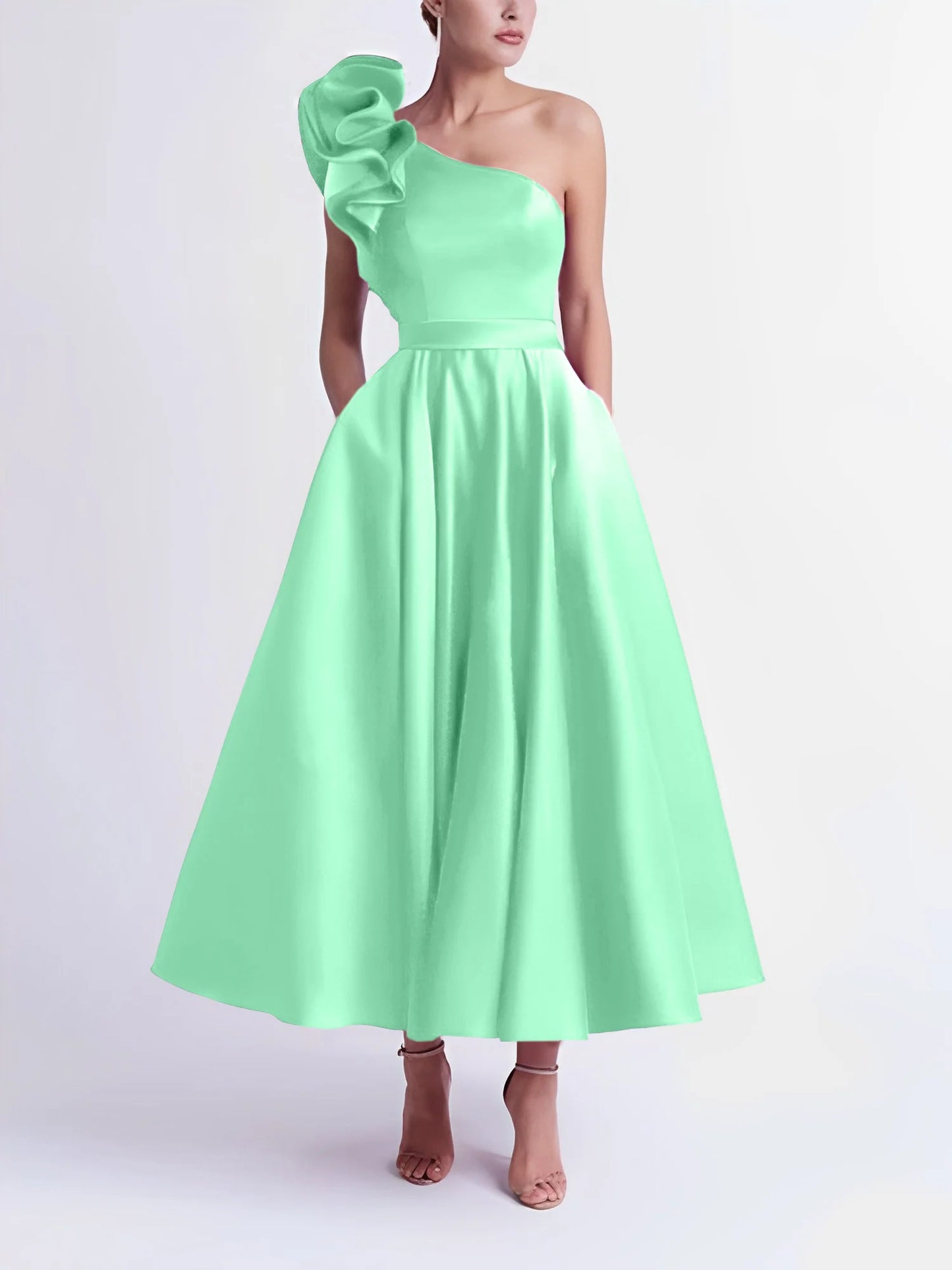 A-Line One-Shoulder Tea-Length Prom Dresses