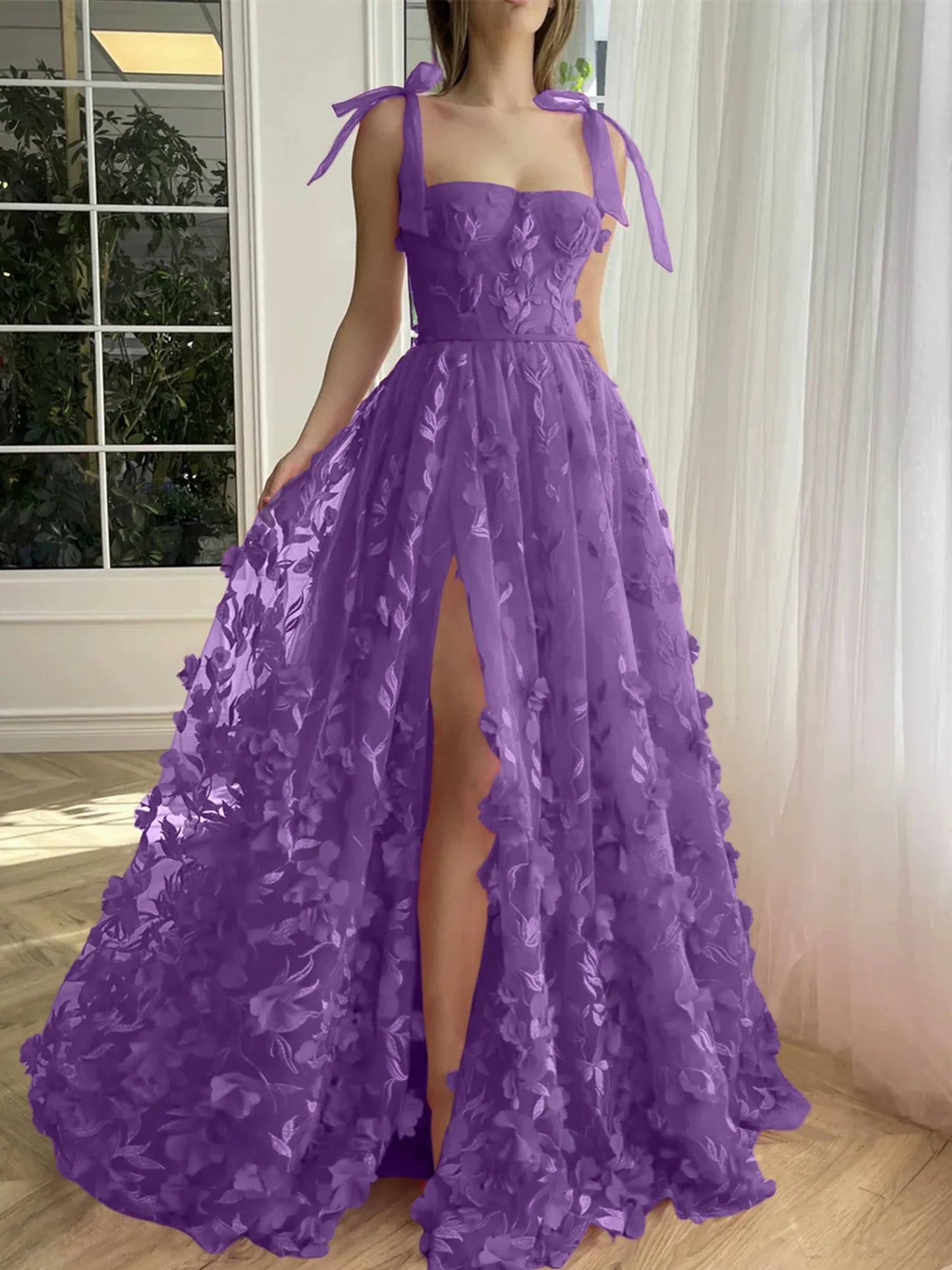 A-Line/Princess Spaghetti Straps Long Prom Floral Dresses