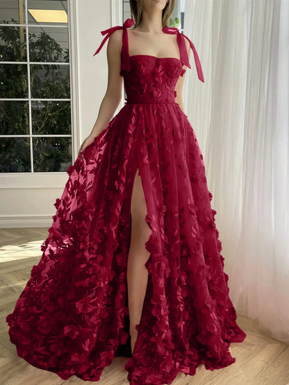 A-Line/Princess Spaghetti Straps Long Prom Floral Dresses