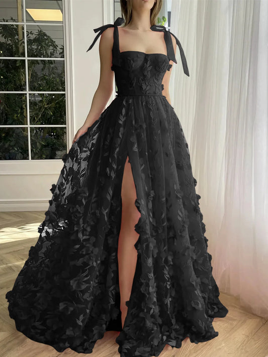 A-Line/Princess Spaghetti Straps Long Prom Floral Dresses