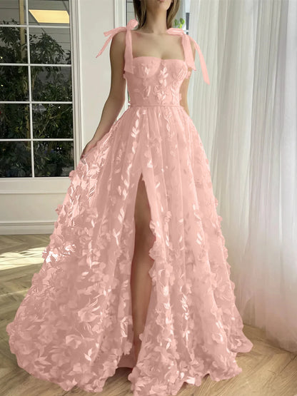 A-Line/Princess Spaghetti Straps Long Prom Floral Dresses