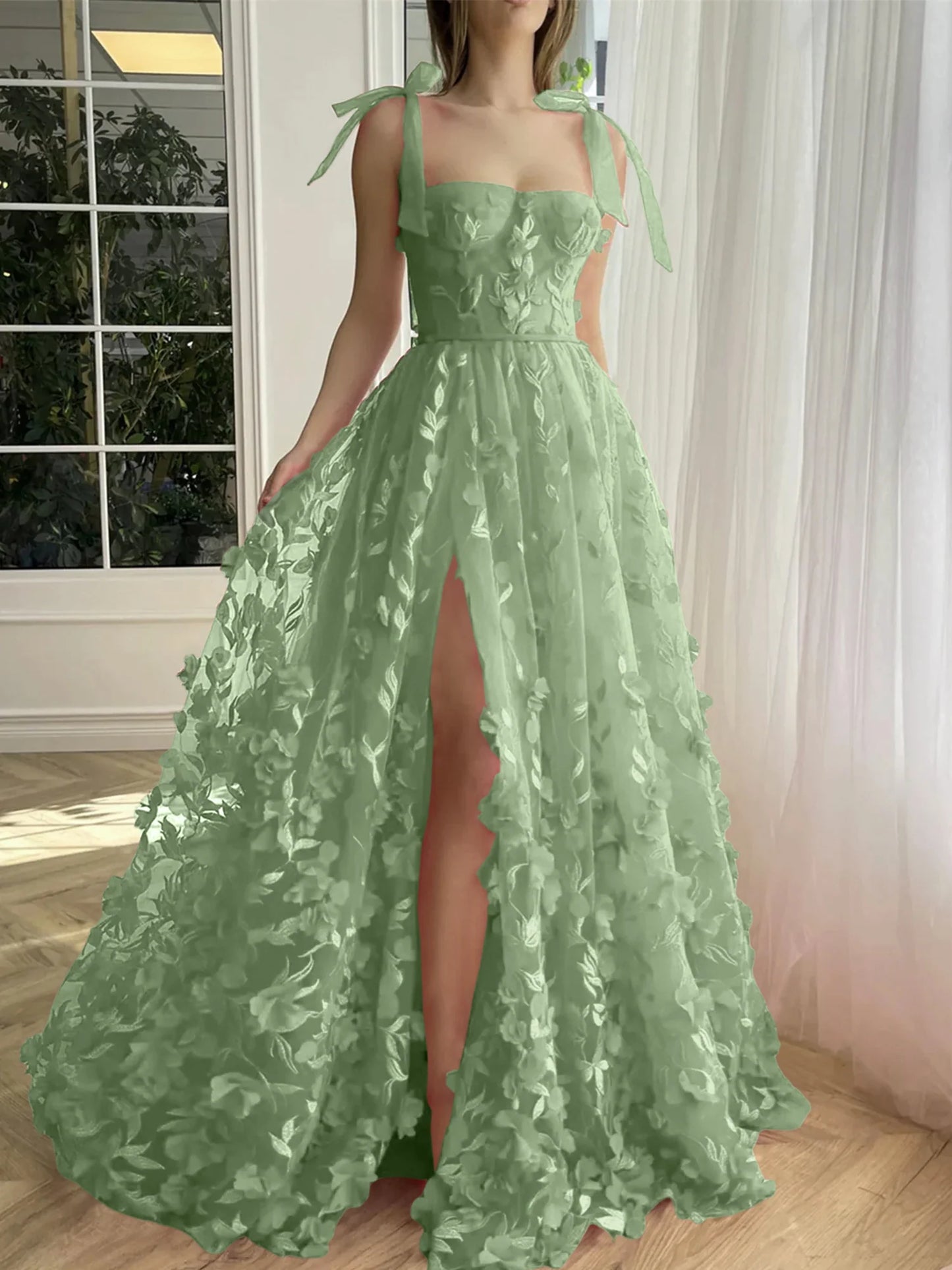 A-Line/Princess Spaghetti Straps Long Prom Floral Dresses