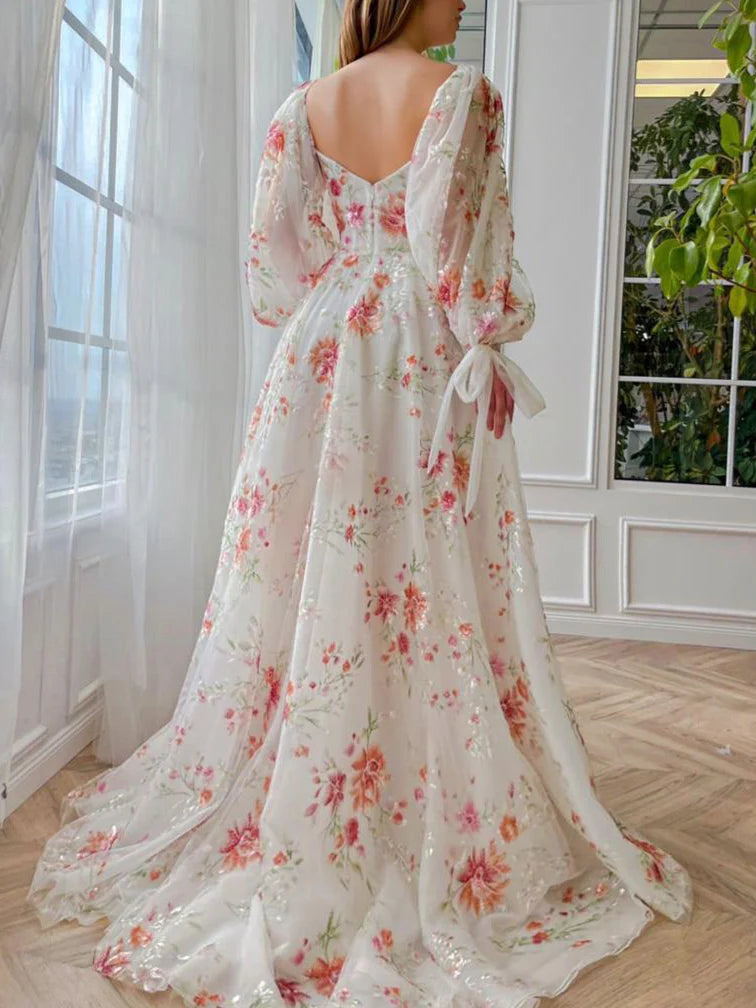 A-Line/Princess Sweetheart Long Sleeves Floor-Length Prom Dresses