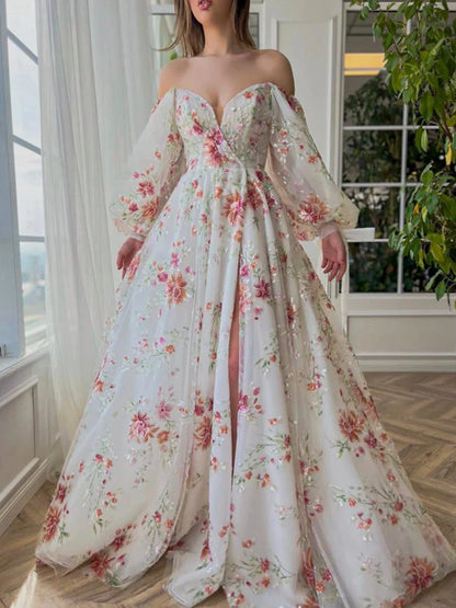 A-Line/Princess Sweetheart Long Sleeves Floor-Length Prom Dresses