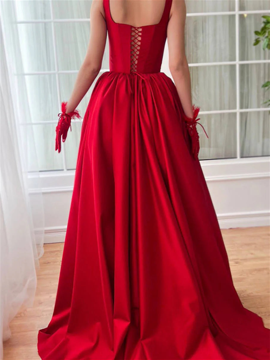 Square Neck Spaghetti Straps Sleeveless Floor-Length Prom Dresses