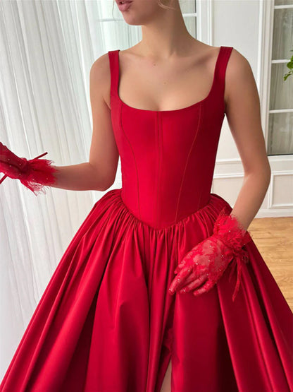 Square Neck Spaghetti Straps Sleeveless Floor-Length Prom Dresses