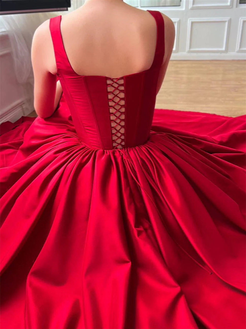 Square Neck Spaghetti Straps Sleeveless Floor-Length Prom Dresses